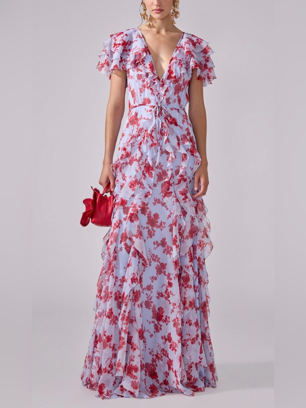 Floral Ruffle Tie-Front Maxi Dress in Light Blue and Red